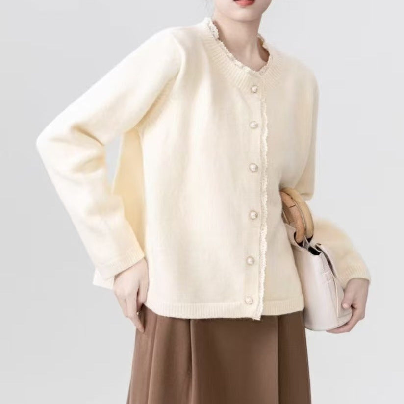 Damen Flauschiger Strickcardigan mit Spitzenverzierung Drune