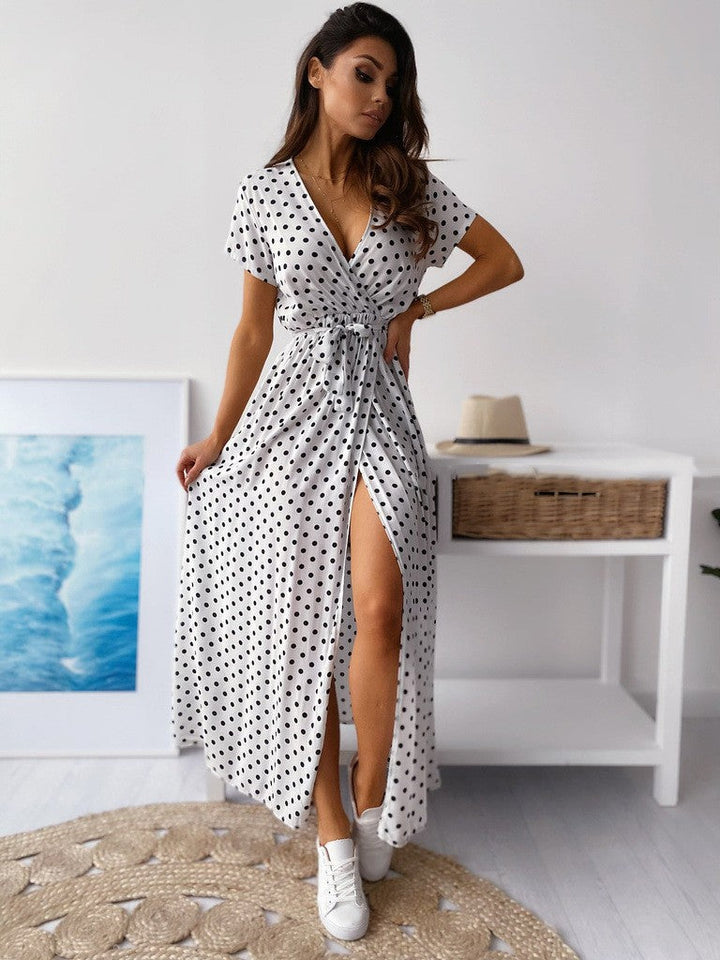 Drune | Gedrucktes Polka-Dot-Band Taille Maxi Kleid