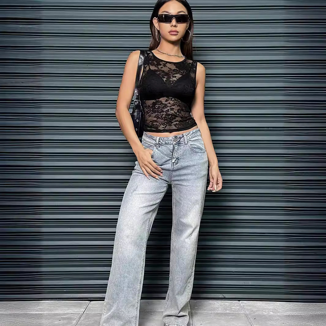 Damen nan ärmelloses bauchfreies Spitzen-Oberteil mit floralem Muster und eingearbeitetem Bustier Drune