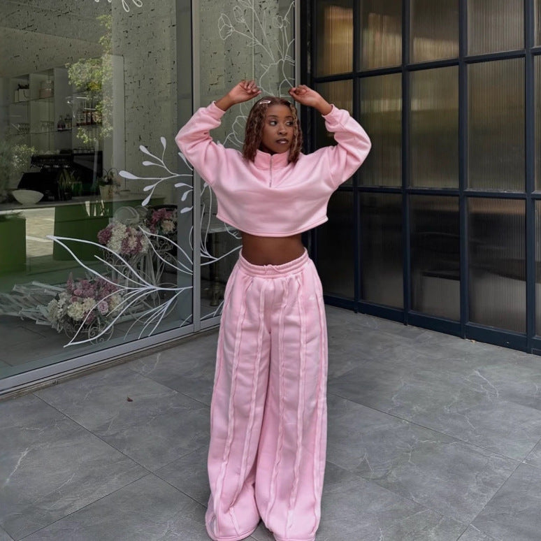 Damen Crop-Halbzip-Sweatshirt und High-Waist Wide-Leg Loungehose Set mit sichtbaren Naht-Details Drune