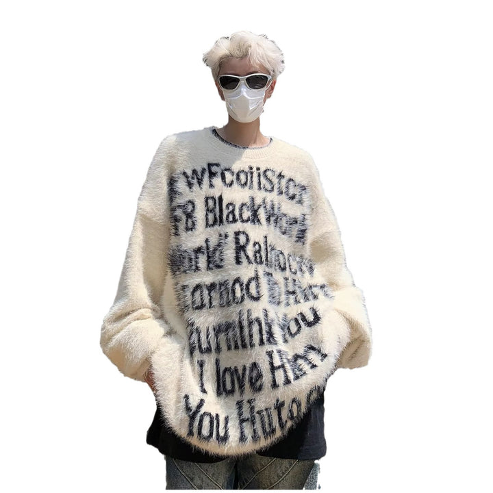 Unisex Oversized Strickpullover mit kreativem Schriftzug und gemütlichem Schnitt Drune