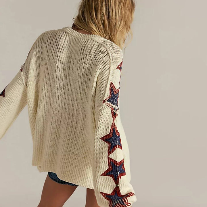 Damen Oversize-Strickpullover mit V-Ausschnitt und Sternmotiven Drune