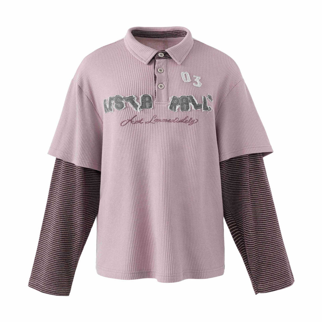 Damen Lässiges Layered-Polo-Shirt mit Rippenstruktur und gestreiften Einsatzärmeln Drune