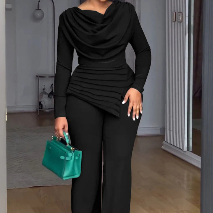 Damen Zweiteiliges Ensemble mit Wasserfall-Drapé-Oberteil, abgestuftem Peplum und gerader Bundfalten-Hose Drune