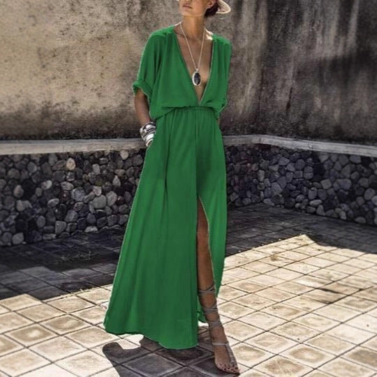 Damen Elegantes Maxikleid mit tiefem V-Ausschnitt und hohem Schlitz Drune