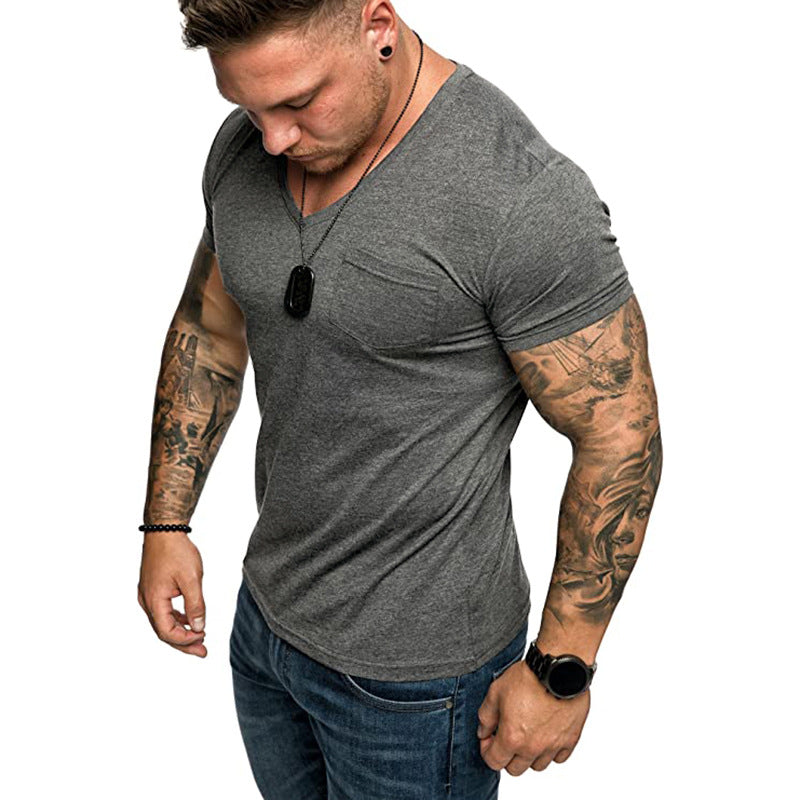 Herren V-Ausschnitt T-Shirt aus weicher Baumwolle mit Brusttasche Drune
