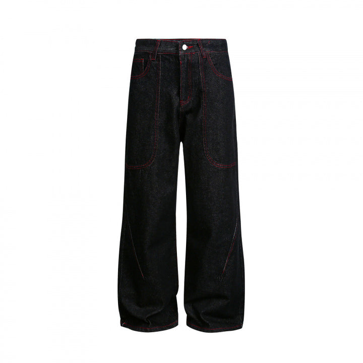 Damen Weite High‑Waist Denim‑Hose im Utility‑Look mit Kontrastnähten Drune