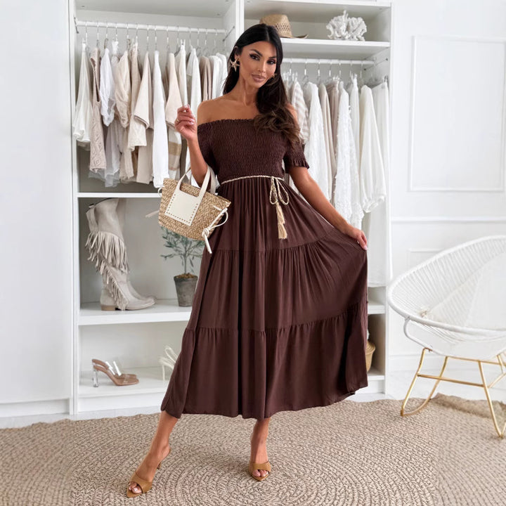 Damen Off-Shoulder Maxikleid mit elastischem Taillenband und Volantdetails Drune