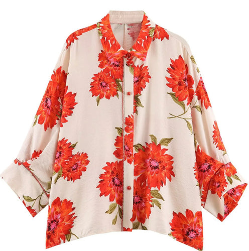 Damen Oversize‑Bluse mit leuchtendem Blumenprint, kastiger Silhouette und dreiviertelärmeln Drune