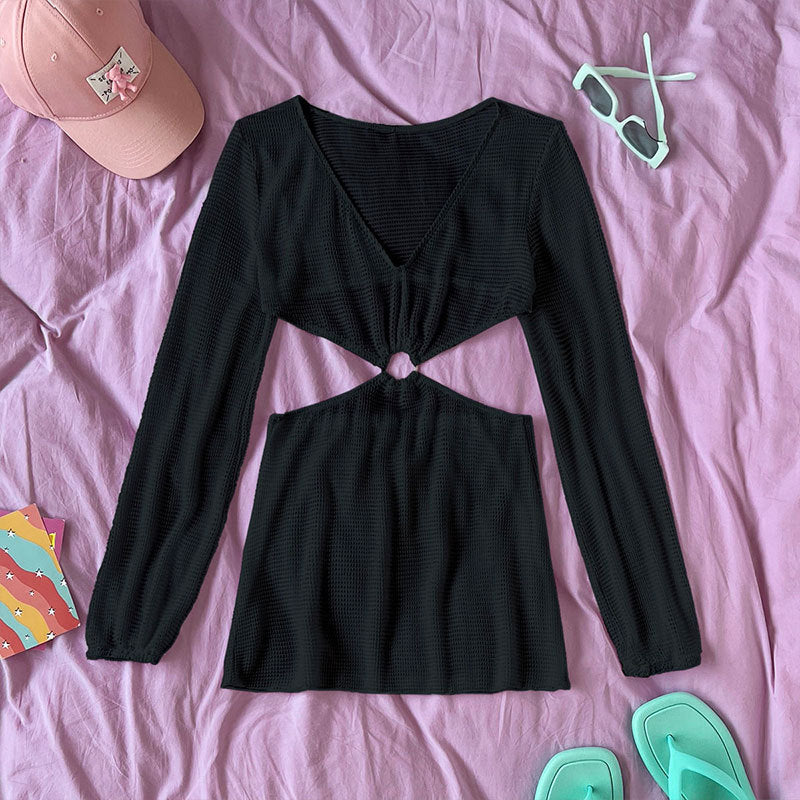 Damen Cut-Out Strandkleid mit langen Ärmeln Drune