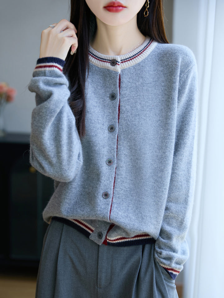Damen Lockerer Feinstrick-Cardigan mit Kontraststreifen an Kragen und Bündchen Drune