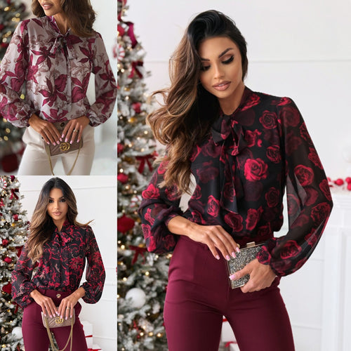 Damen Elegante Bluse mit Schleifenkragen und floralen Mustern Drune