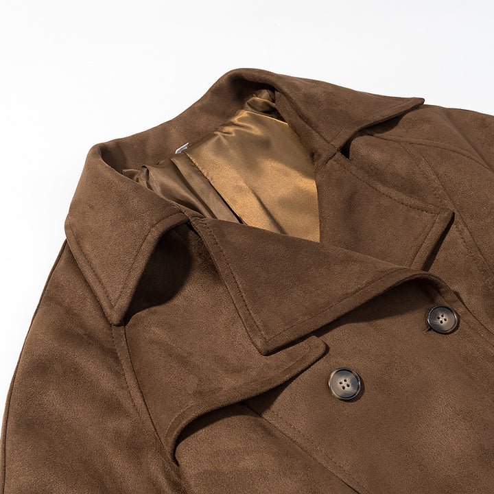 Damen Kurzer Wildleder-Trenchcoat mit Doppelreihe und Taillengürtel Drune