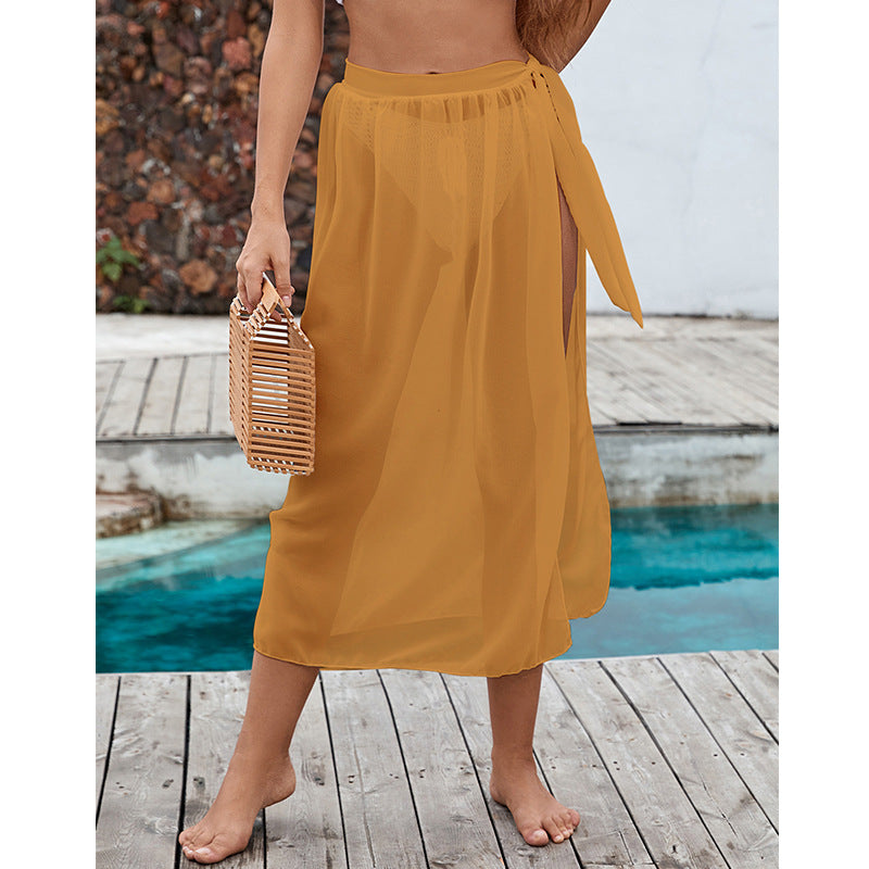 Damen eleganter transparenter Strandrock mit seitlichem Schlitz und bindbarem Gürtel Drune