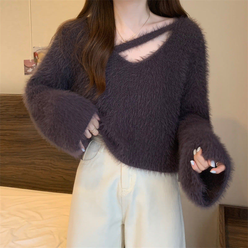 Damen Flauschiger Pulli mit lässigem Schnitt und tiefem V-Ausschnitt Drune