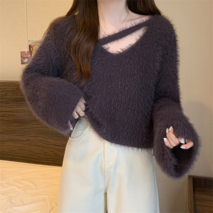 Damen Flauschiger Pulli mit lässigem Schnitt und tiefem V-Ausschnitt Drune