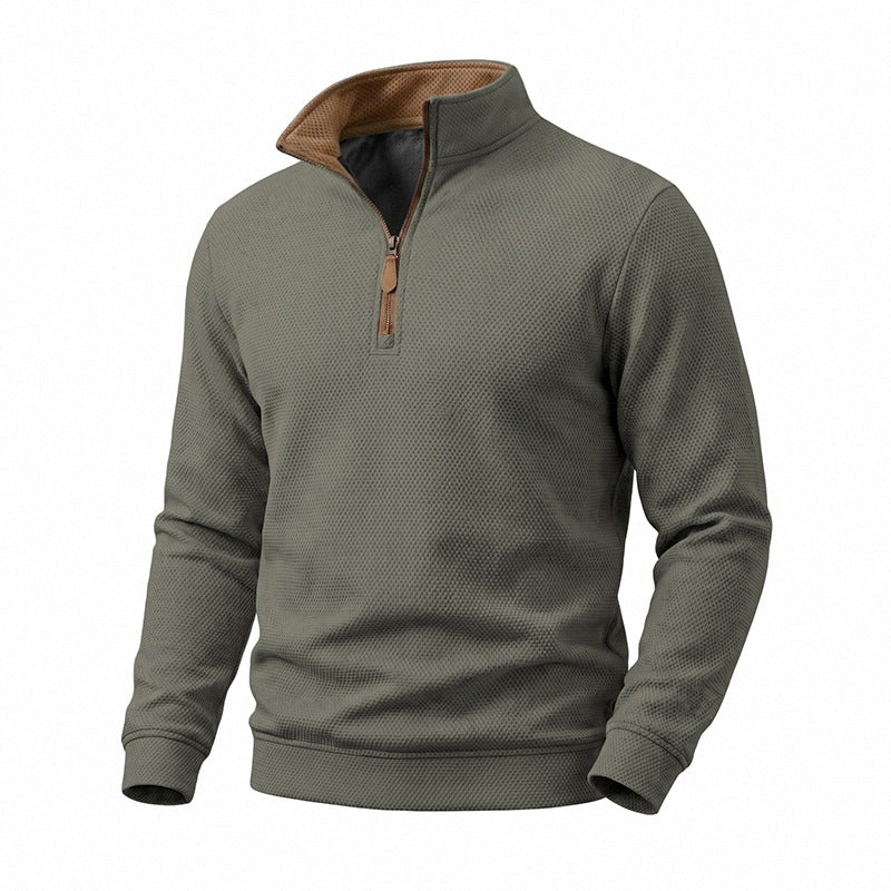 Herren Struktur-Halbzipp-Pullover mit Stehkragen und Kontrastinnenkragen Drune