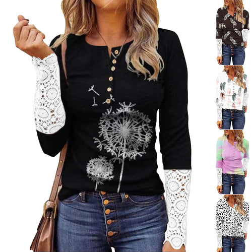 Damen langärmliges T-Shirt mit Spitze und modernem Leo-Muster Drune