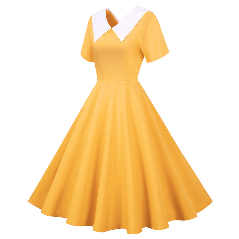 Damen Retro Swingkleid mit elegantem Kragen und weitschwingendem Rock Drune