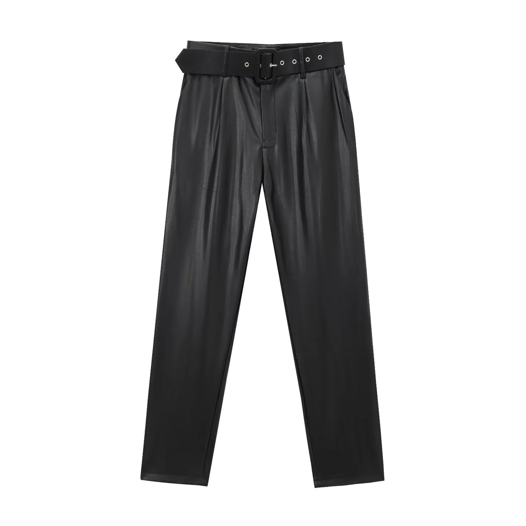 Damen nan taillierte Highwaist-Hose mit Bundfalten, schmal zulaufendem Bein und breitem Ziergürtel Drune