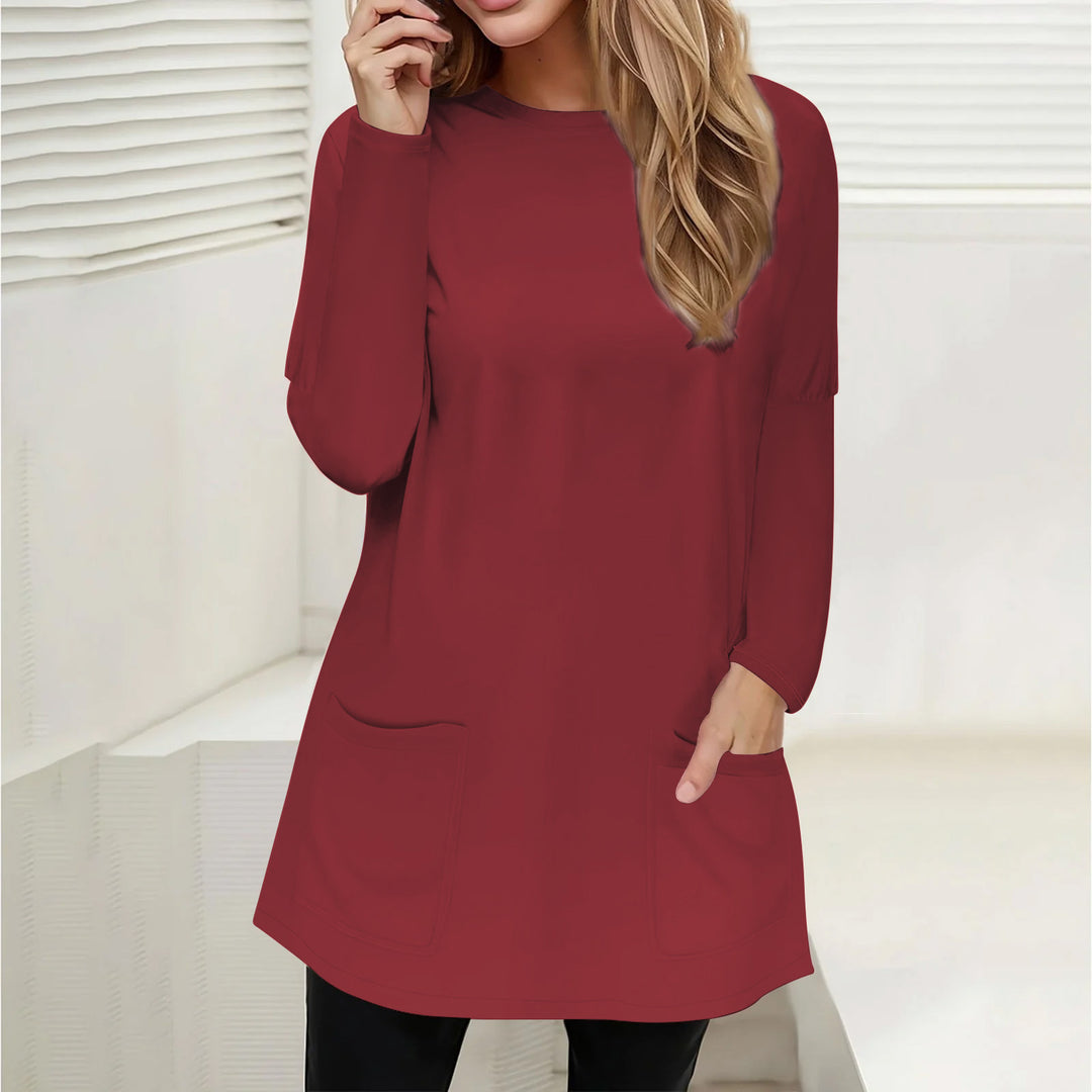 Damen Freizeit Longline Tunika mit Rundhalsausschnitt und aufgesetzten Taschen Drune