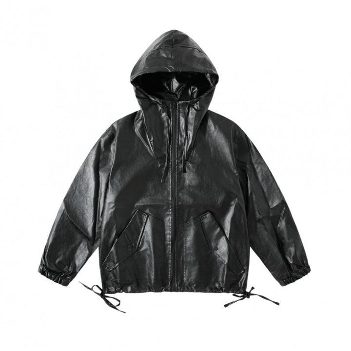 [Unisex Kapuzen-Boxy-Jacke im Lederlook mit Tunnelzug und Pattentaschen Drune]