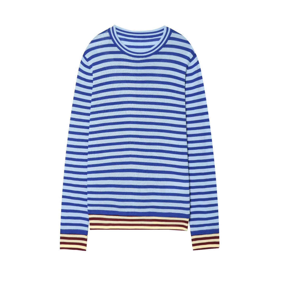 Damen Gestreifter Feinstrickpullover mit Rundhalsausschnitt und kontrastierenden Bündchen Drune