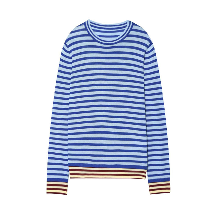 Damen Gestreifter Feinstrickpullover mit Rundhalsausschnitt und kontrastierenden Bündchen Drune