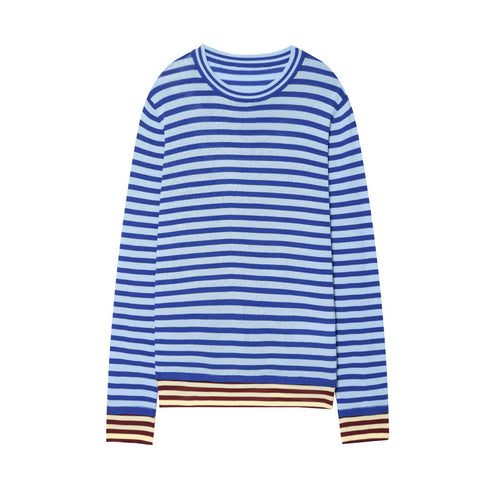 Damen Gestreifter Feinstrickpullover mit Rundhalsausschnitt und kontrastierenden Bündchen Drune