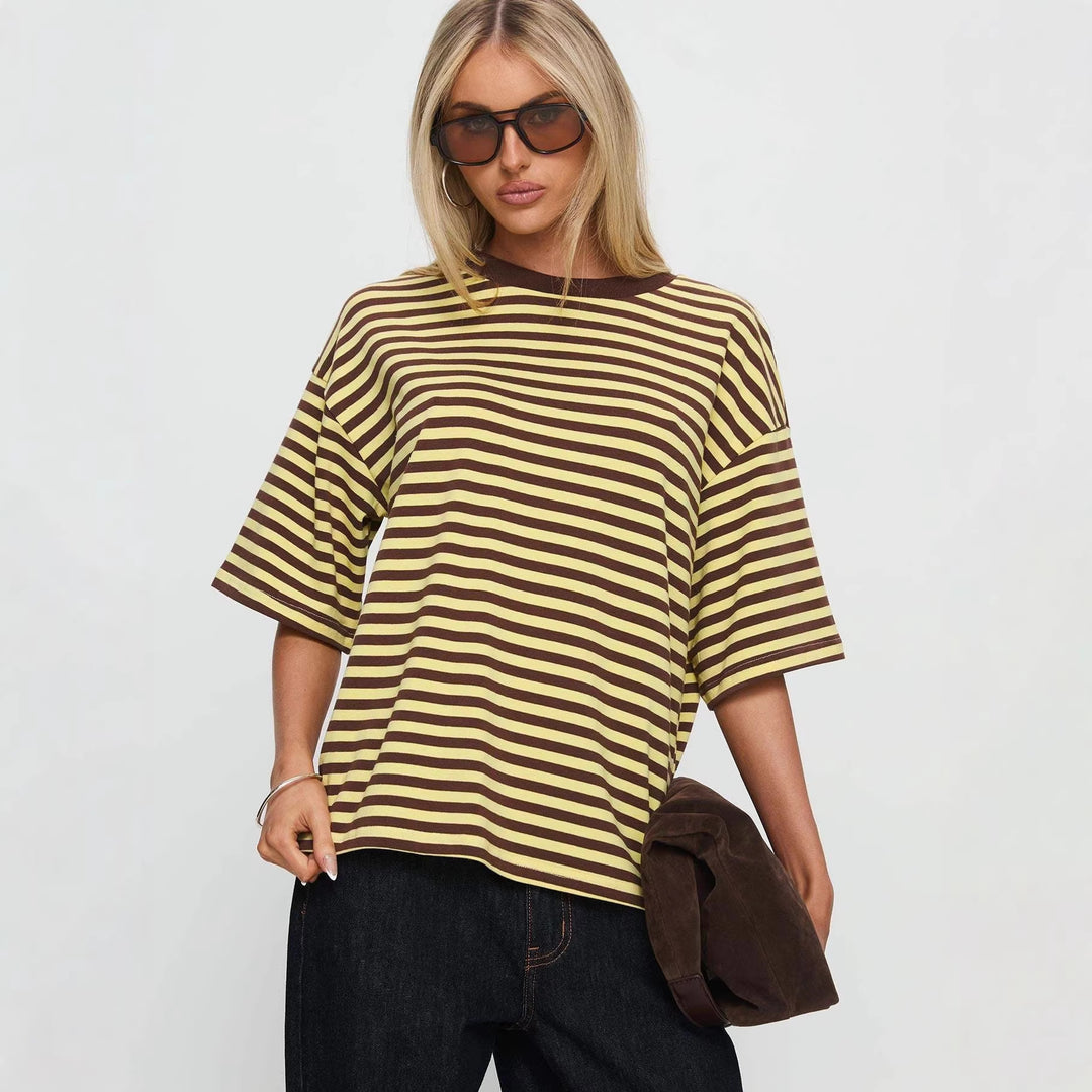 Damen gestreiftes T-Shirt mit lockerer Passform und Rundhalsausschnitt Drune