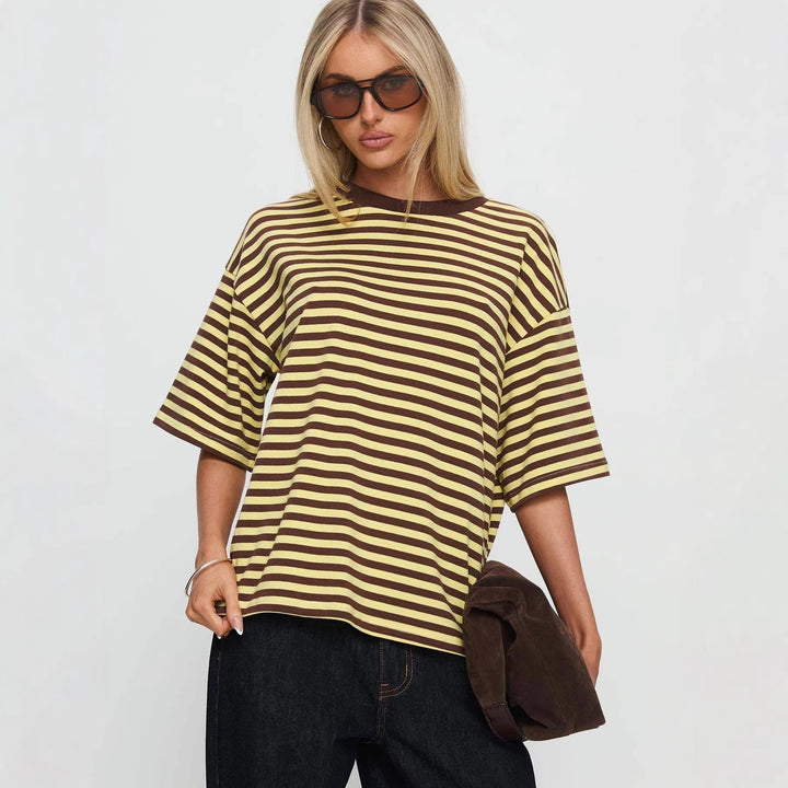 Damen gestreiftes T-Shirt mit lockerer Passform und Rundhalsausschnitt Drune