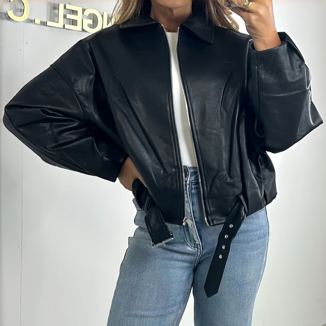 Damen Modische Kunstlederjacke mit Bauchgurt
