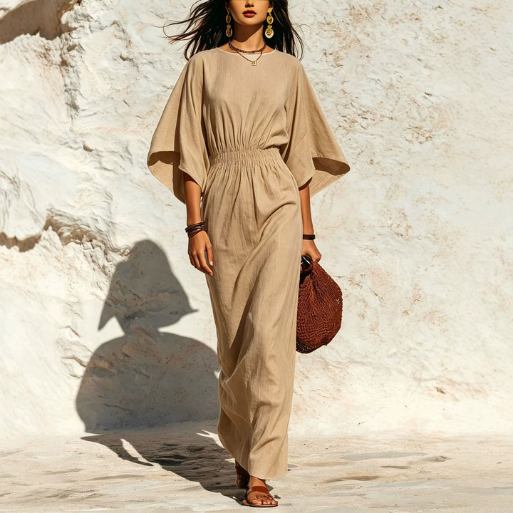 Damen Maxikleid mit Fledermausärmeln und geraffter Smock-Taillierung Drune