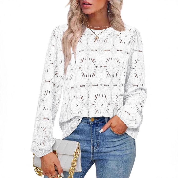 Damen Spitzenbluse mit floraler Häkelstickerei, Rundhals und langen Ballonärmeln Drune