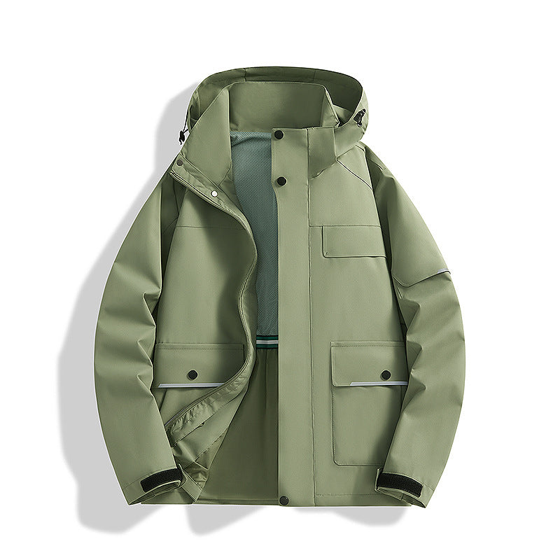 Herren dreilagige Trekkingjacke mit verschweißten Nähten, Kapuze und Multifunktionstaschen Drune