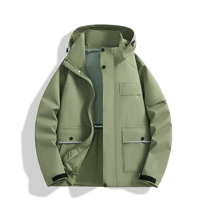Herren dreilagige Trekkingjacke mit verschweißten Nähten, Kapuze und Multifunktionstaschen Drune