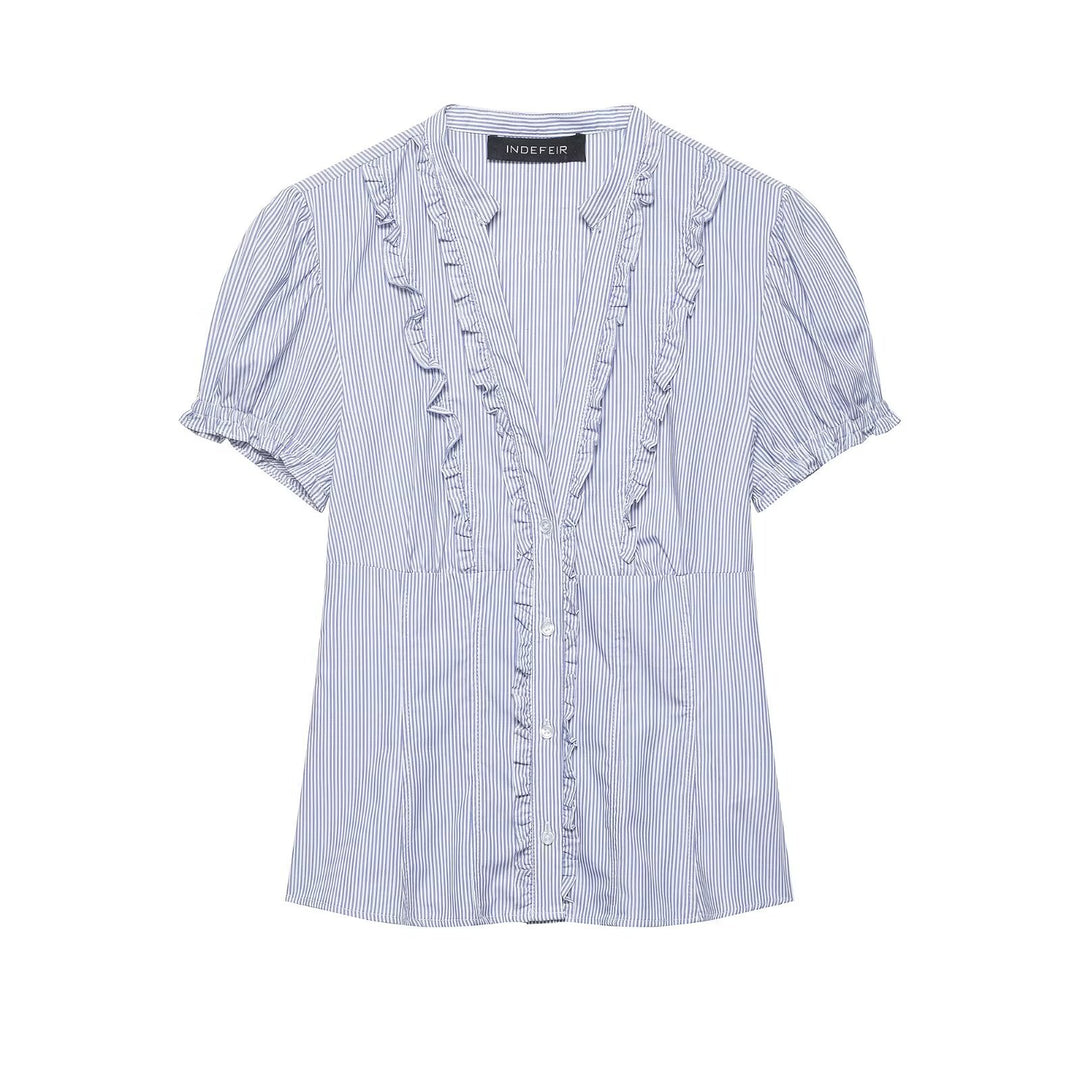 Damen Rüschenbluse mit V-Ausschnitt, Puffärmeln und tailliertem Schnitt Drune