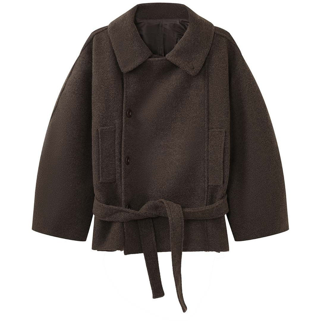 Damen Kurztaillierter Wollmantel mit Bindegürtel und weitem Stehkragen Drune