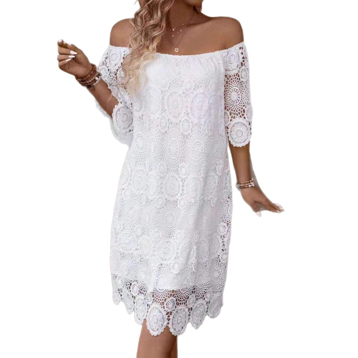 Damen nan schulterfreies Häkel-Midikleid mit Carmen-Ausschnitt und floraler Spitzenbordüre Drune