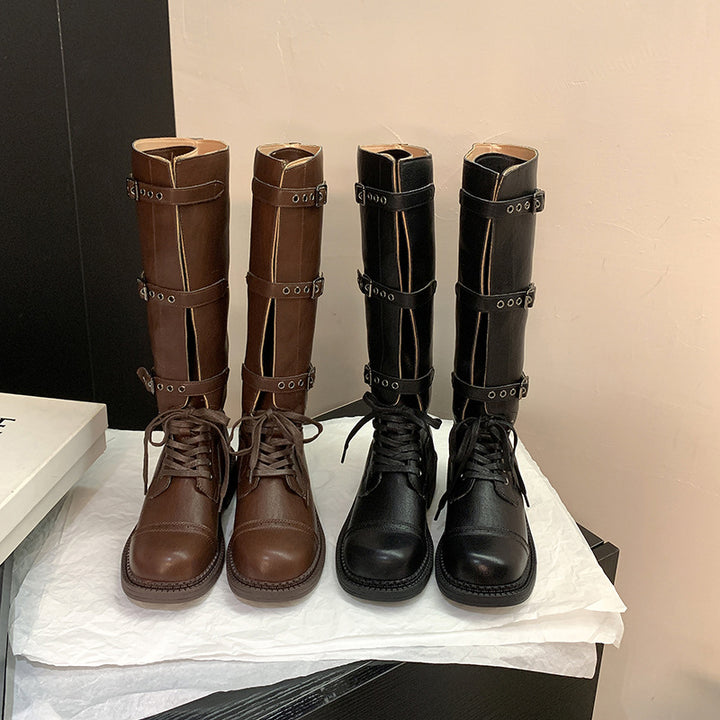 Damen kniehohe Schnürstiefel mit Zier- und Verstellschnallen Drune