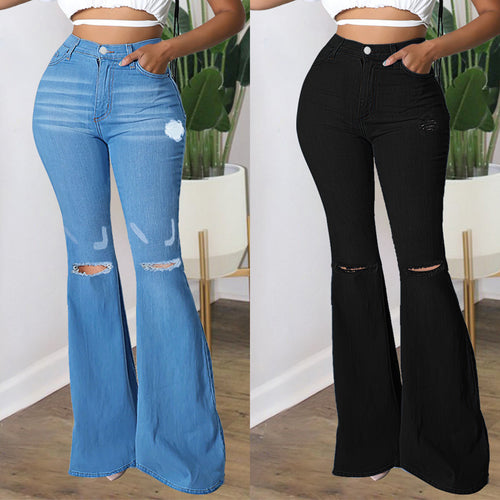 Damen Hochtaillierte Schlaghose aus Stretch‑Denim mit Knieausrissen und formendem Bund Drune