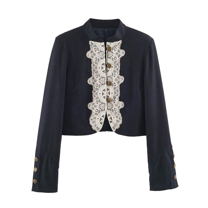 Damen Kurzer Bolero‑Blazer mit Spitzenfront und dekorativen Zierknöpfen Drune