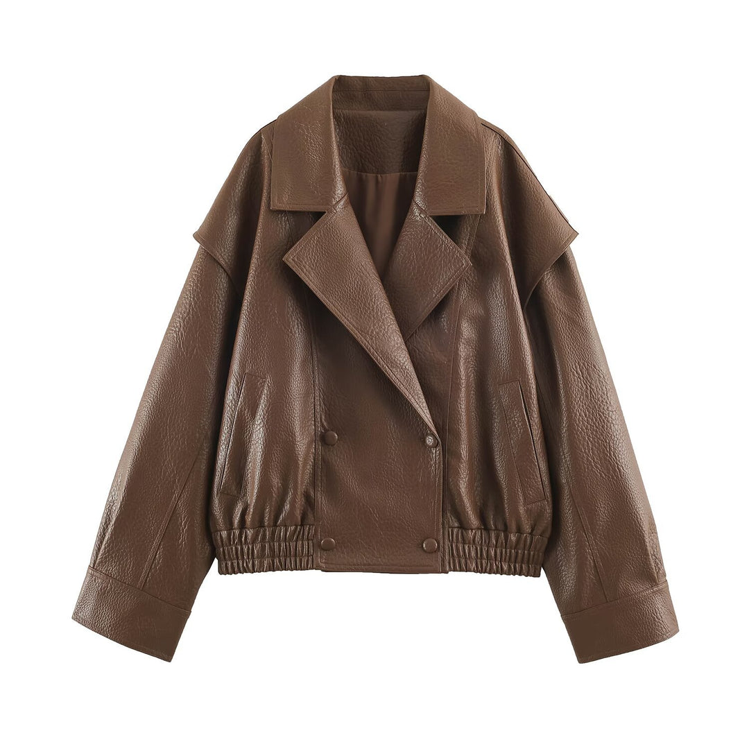 Damen Oversize Kunstlederjacke mit Doppelreihe, weitem Revers und elastischem Saum Drune