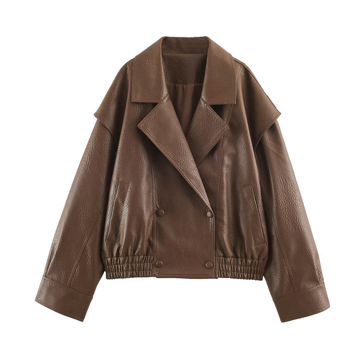 Damen Oversize Kunstlederjacke mit Doppelreihe, weitem Revers und elastischem Saum Drune