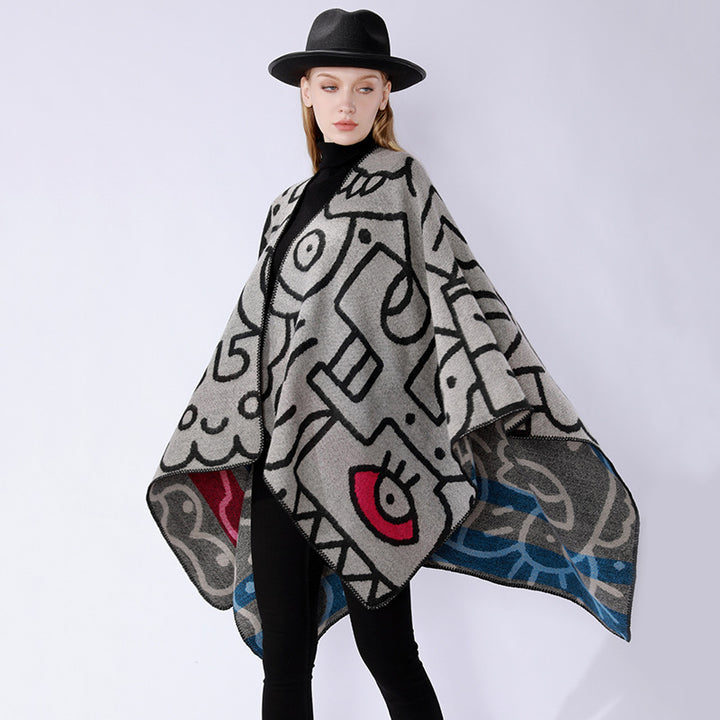 Damen Oversize-Poncho im künstlerischen Print mit zweifarbiger Kantenverarbeitung und asymmetrischem Zipfelsaum Drune