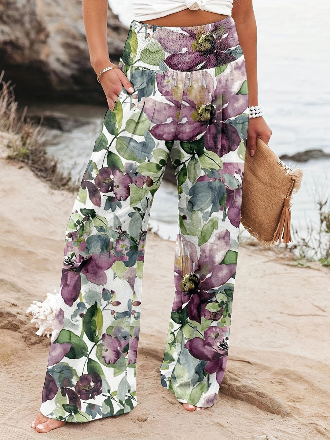 Damen Palazzo-Hosen mit floralem Druck und elastischem Bauchbund Drune
