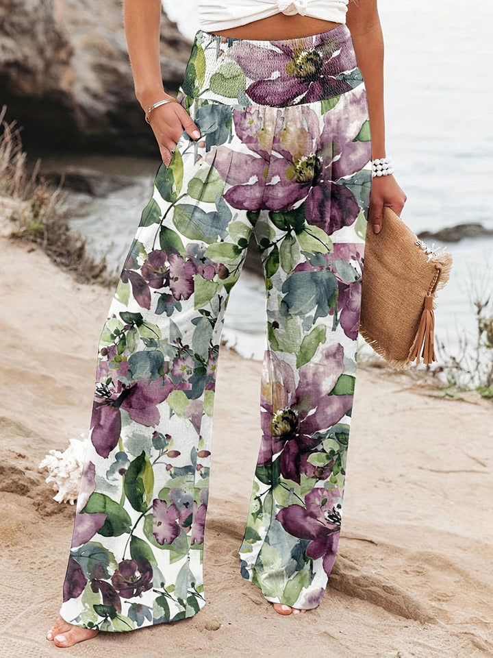 Damen Palazzo-Hosen mit floralem Druck und elastischem Bauchbund Drune