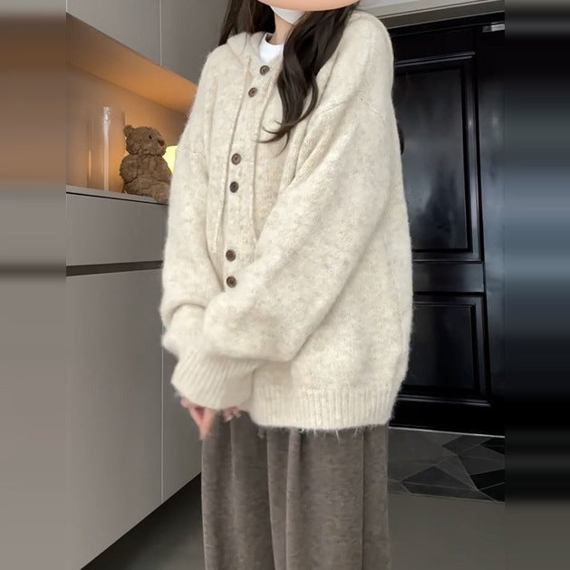 Damen Weiche Kapuzenstrickjacke mit Knopfdetails Drune