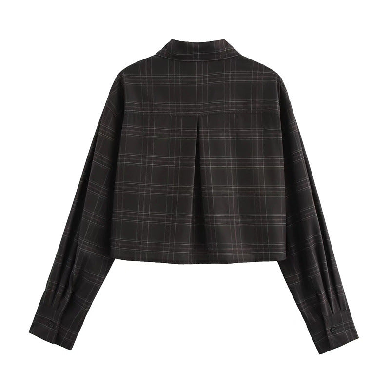 Damen Cropped Kastenförmige Hemdjacke im Karomuster mit verdeckter Knopfleiste Drune