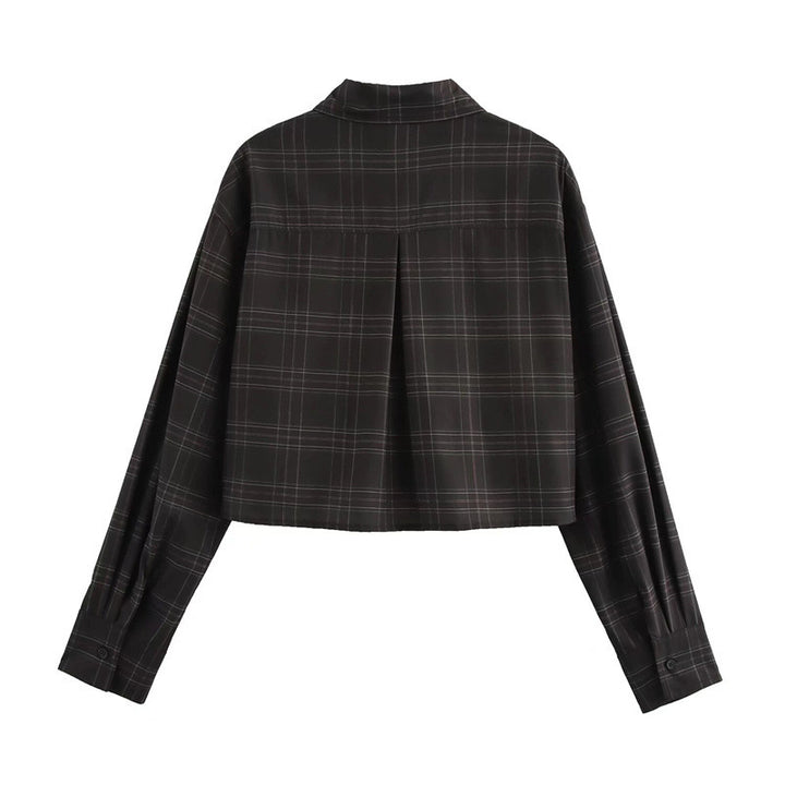 Damen Cropped Kastenförmige Hemdjacke im Karomuster mit verdeckter Knopfleiste Drune